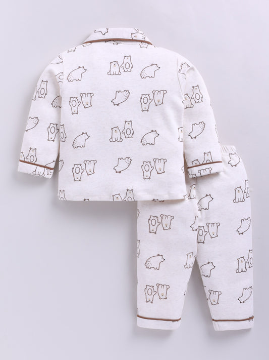 Bear Printed Brown Cotton Full Sleeve Night Suit