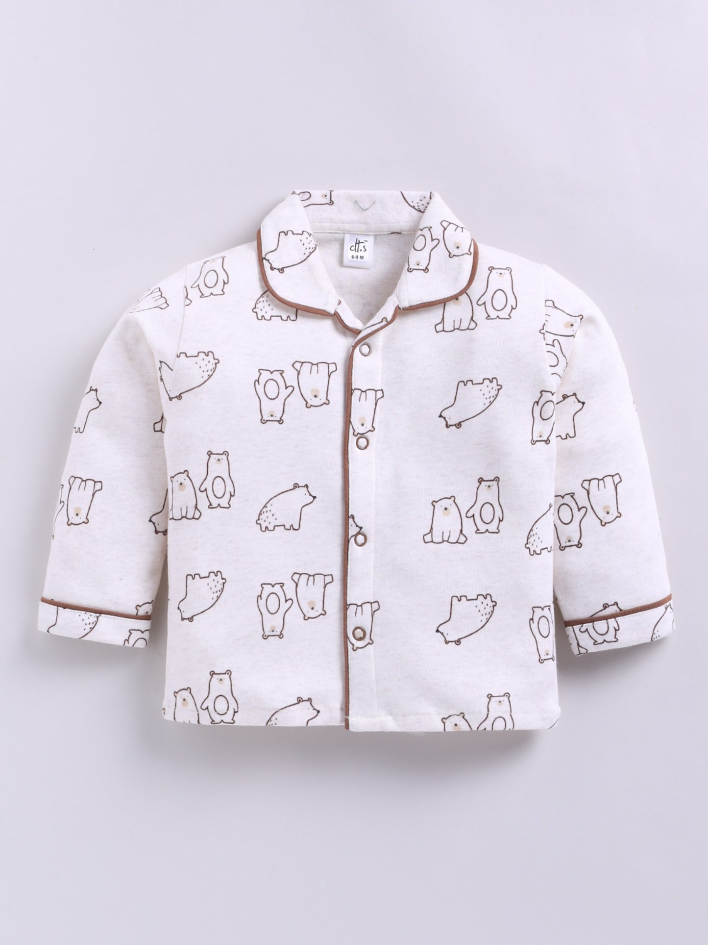 Bear Printed Brown Cotton Full Sleeve Night Suit