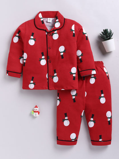 "Snowman" Theme Red Cotton Full Sleeve Night Suit