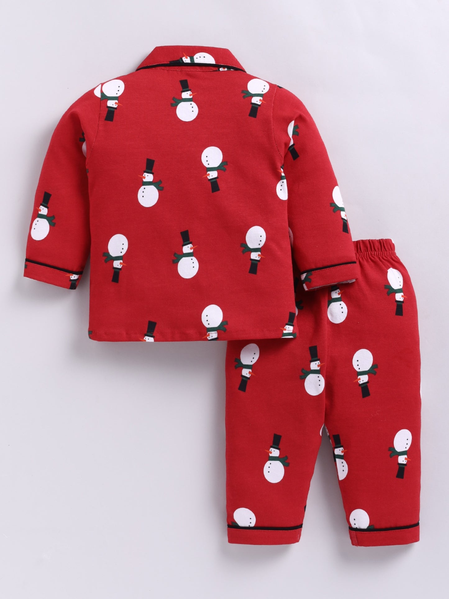 "Snowman" Theme Red Cotton Full Sleeve Night Suit