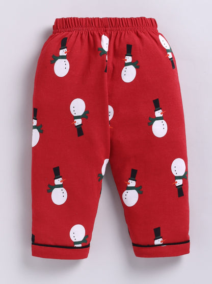 "Snowman" Theme Red Cotton Full Sleeve Night Suit