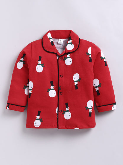 "Snowman" Theme Red Cotton Full Sleeve Night Suit