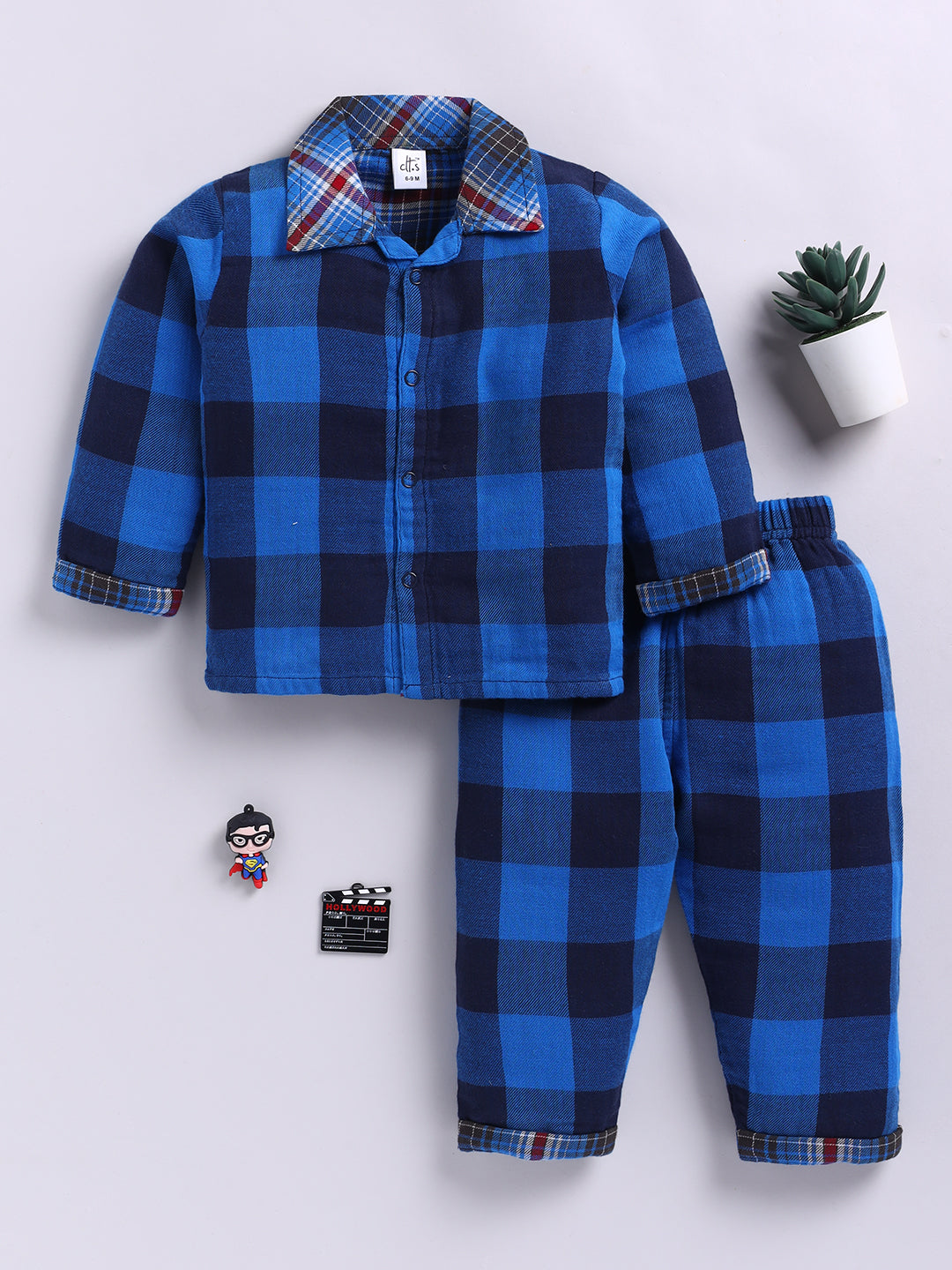 Muslin Blue Cotton Woven Checked Full Sleeve Night Suit