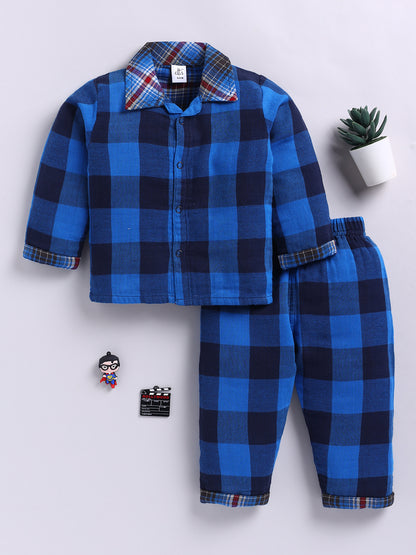 Muslin Blue Cotton Woven Checked Full Sleeve Night Suit