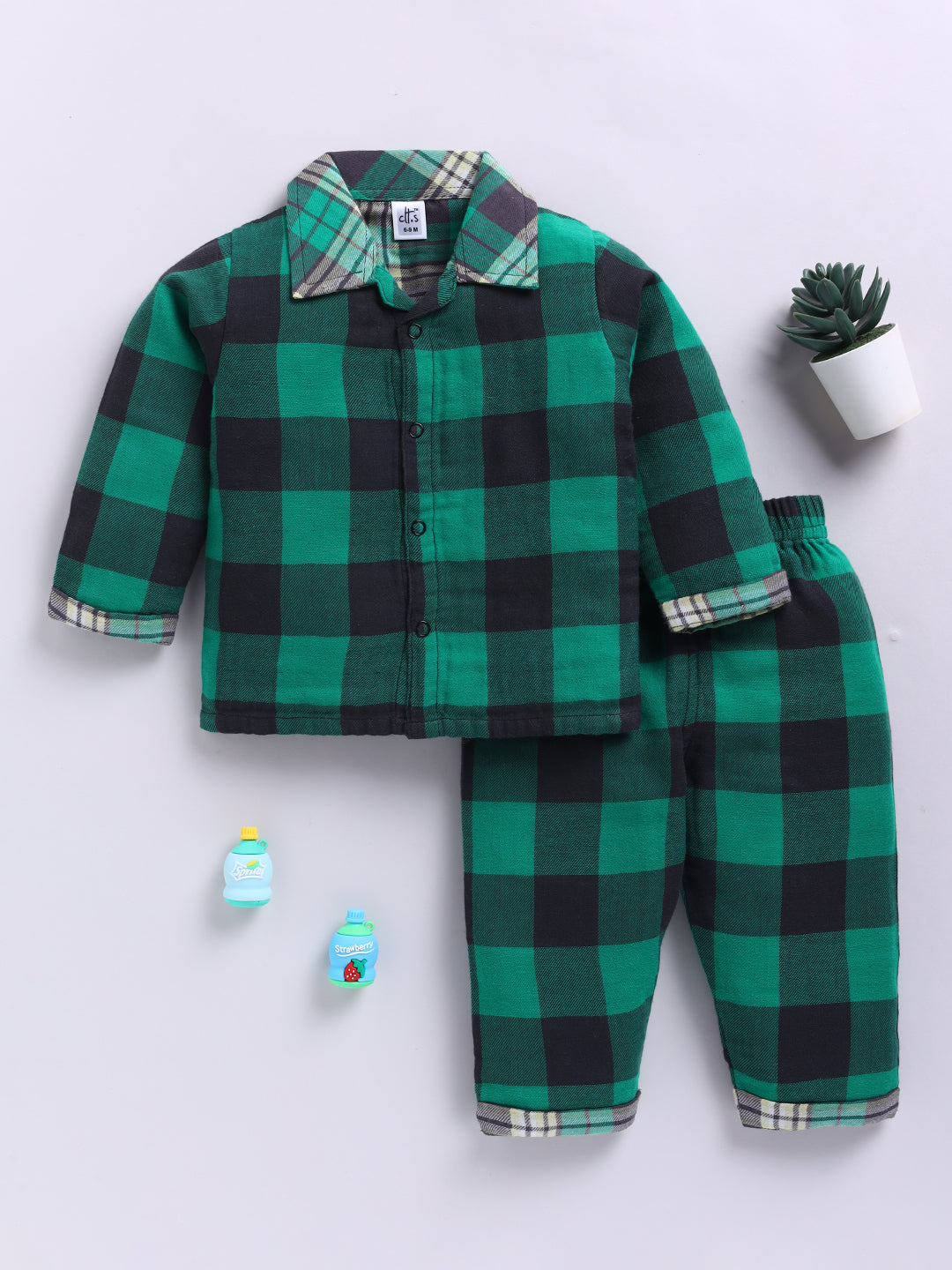 Muslin Green Cotton Woven Checked Full Sleeve Night Suit