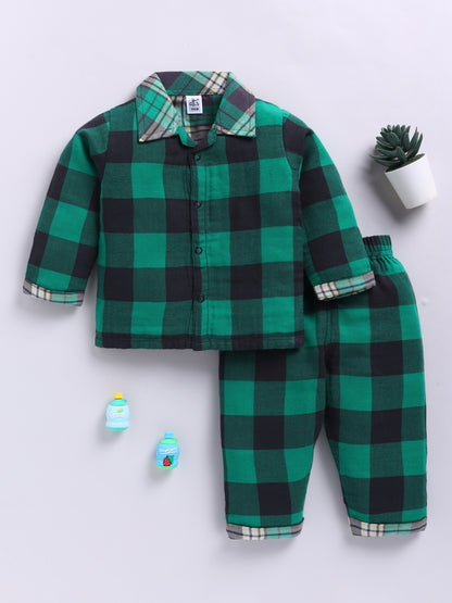 Muslin Green Cotton Woven Checked Full Sleeve Night Suit