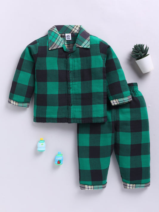 Muslin Green Cotton Woven Checked Full Sleeve Night Suit