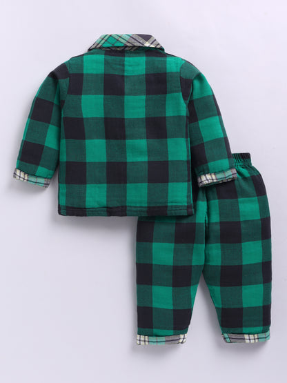 Muslin Green Cotton Woven Checked Full Sleeve Night Suit
