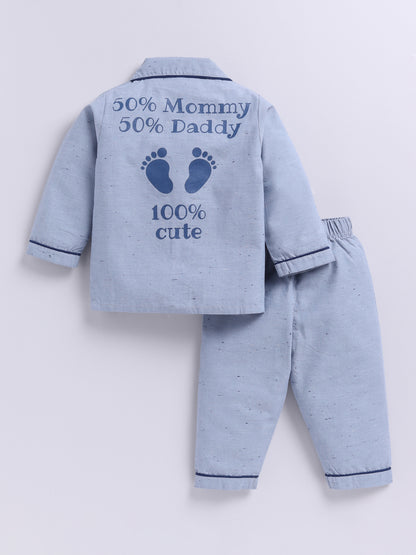 "100% Cute" Blue Cotton Woven Typography Full Sleeve Night Suit