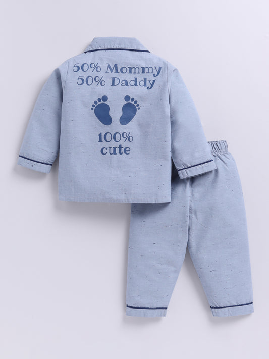 "100% Cute" Blue Cotton Woven Typography Full Sleeve Night Suit