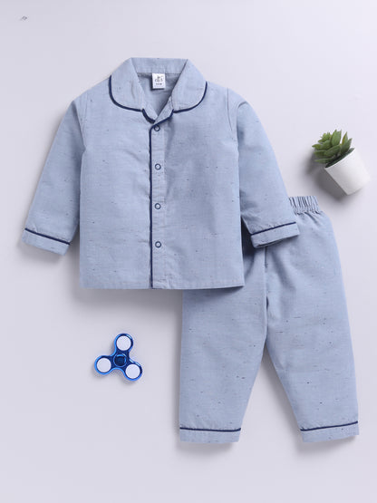 "100% Cute" Blue Cotton Woven Typography Full Sleeve Night Suit