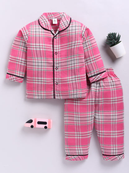 Pink Cotton Woven Checked Full Sleeve Night Suit