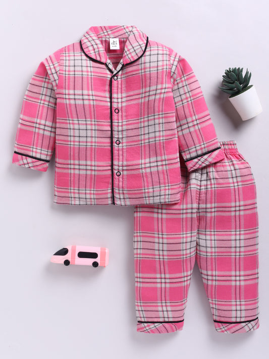 Pink Cotton Woven Checked Full Sleeve Night Suit