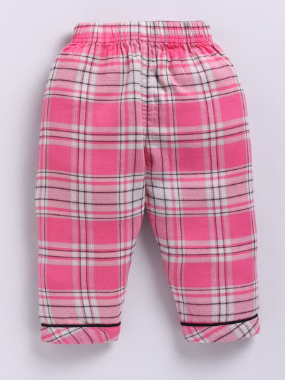Pink Cotton Woven Checked Full Sleeve Night Suit