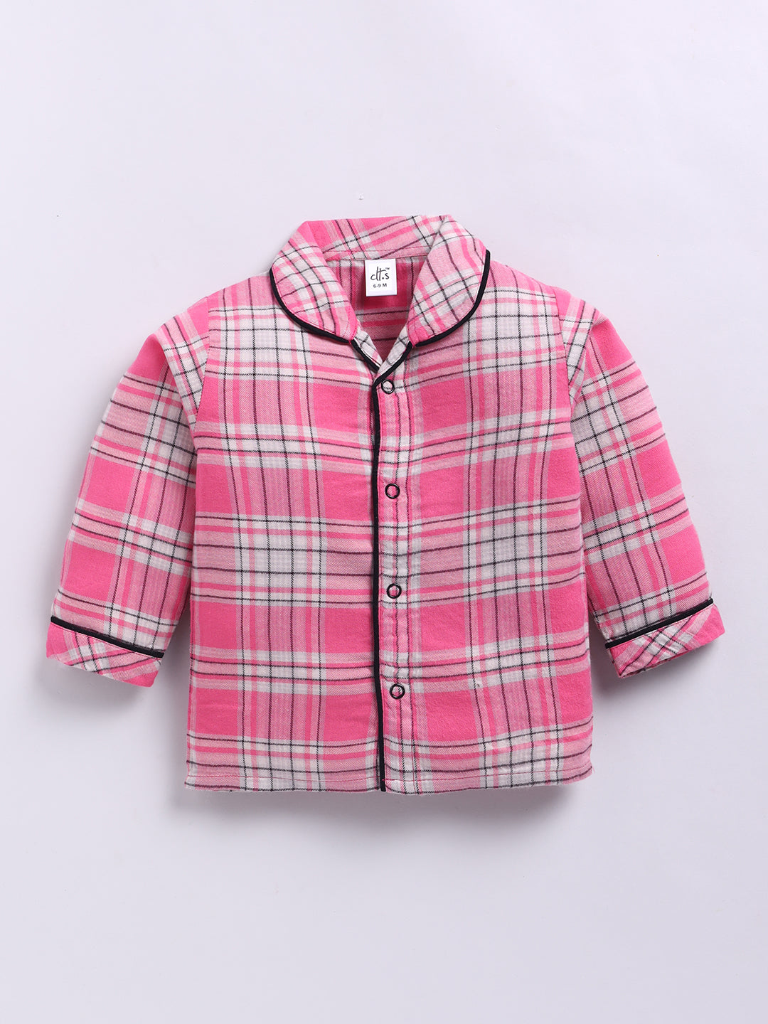 Pink Cotton Woven Checked Full Sleeve Night Suit