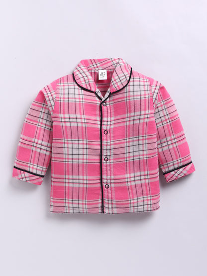 Pink Cotton Woven Checked Full Sleeve Night Suit