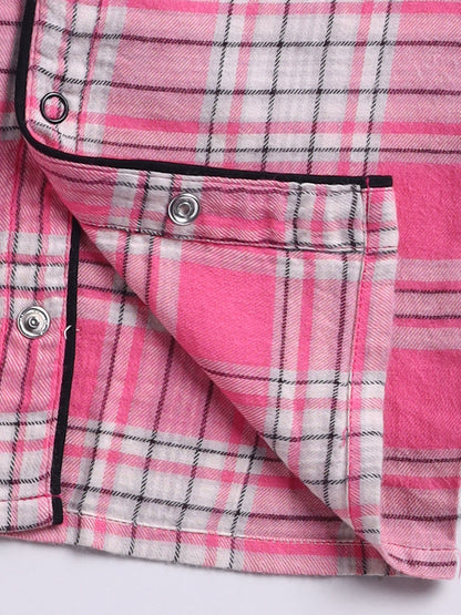 Pink Cotton Woven Checked Full Sleeve Night Suit