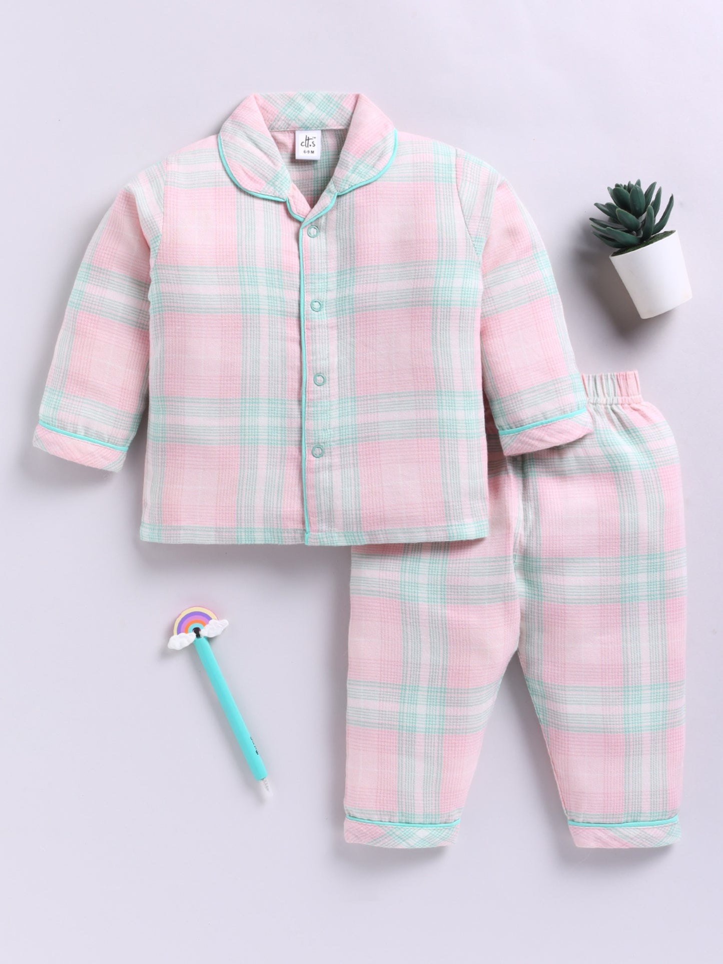 Pink Cotton Woven Checked Full Sleeve Night Suit