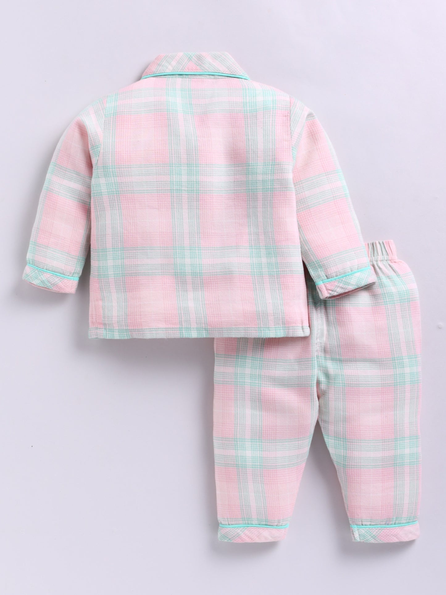 Pink Cotton Woven Checked Full Sleeve Night Suit
