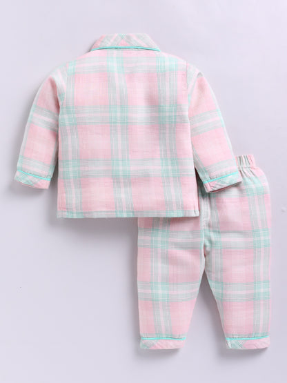 Pink Cotton Woven Checked Full Sleeve Night Suit