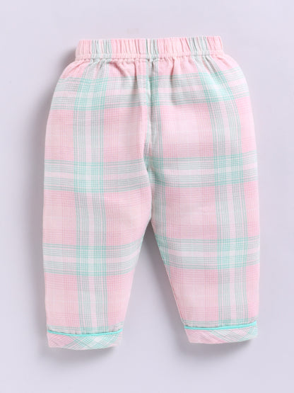 Pink Cotton Woven Checked Full Sleeve Night Suit