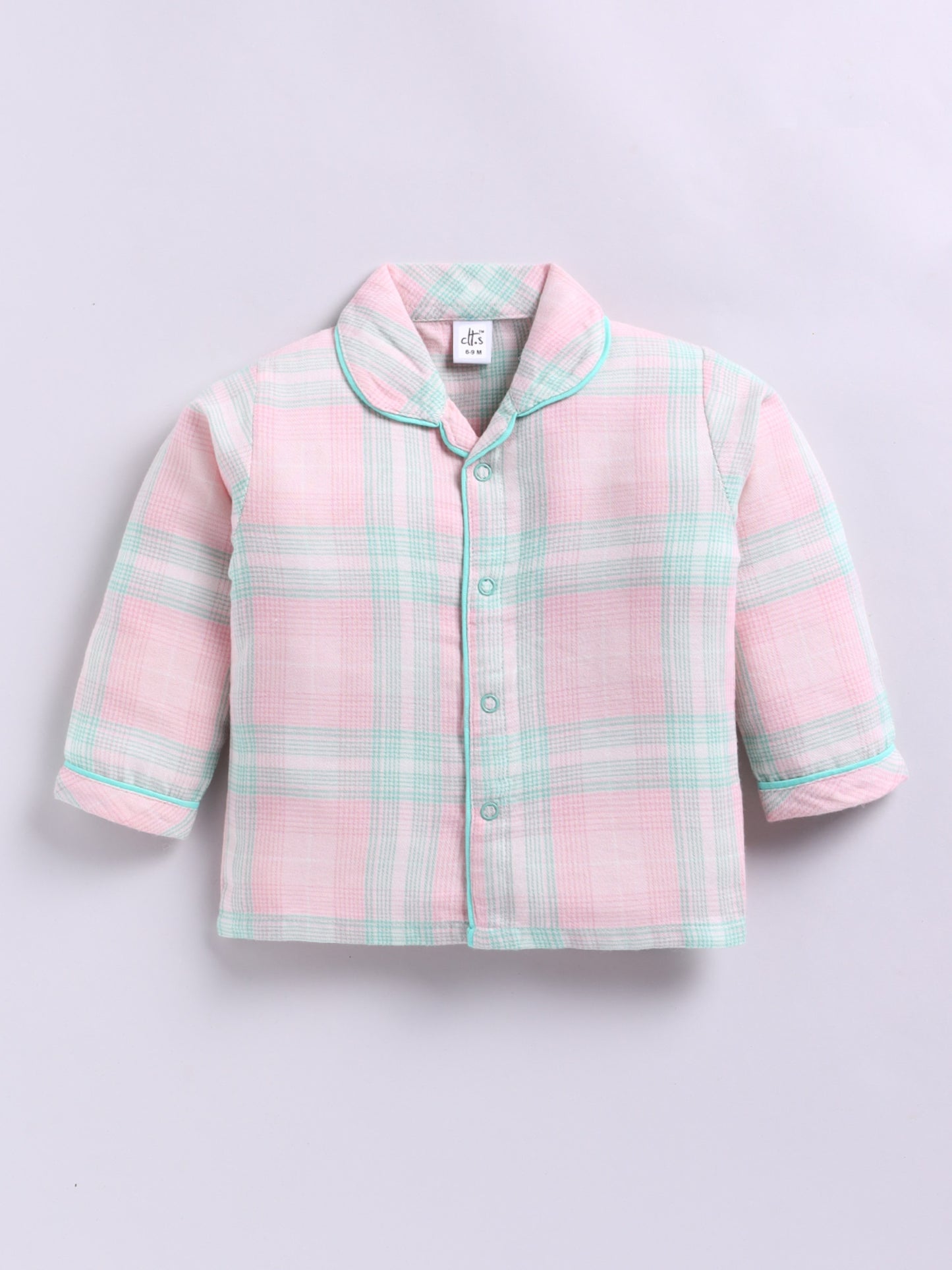 Pink Cotton Woven Checked Full Sleeve Night Suit