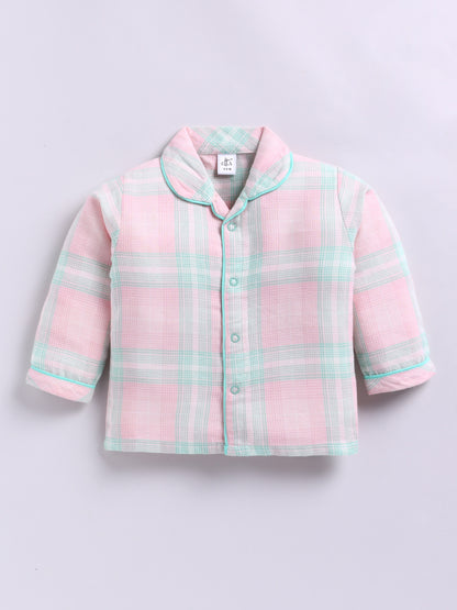 Pink Cotton Woven Checked Full Sleeve Night Suit