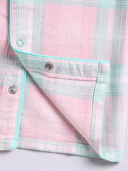 Pink Cotton Woven Checked Full Sleeve Night Suit