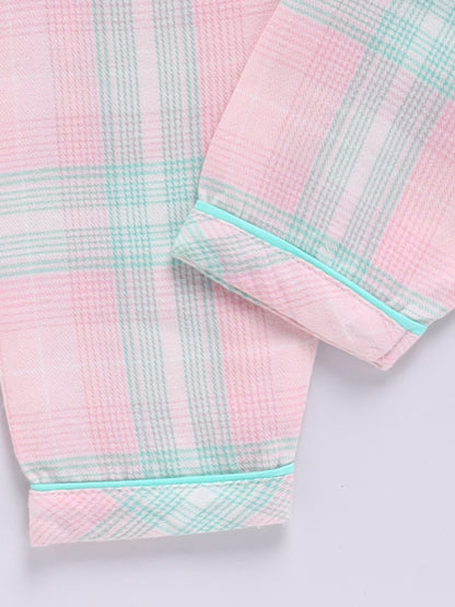 Pink Cotton Woven Checked Full Sleeve Night Suit