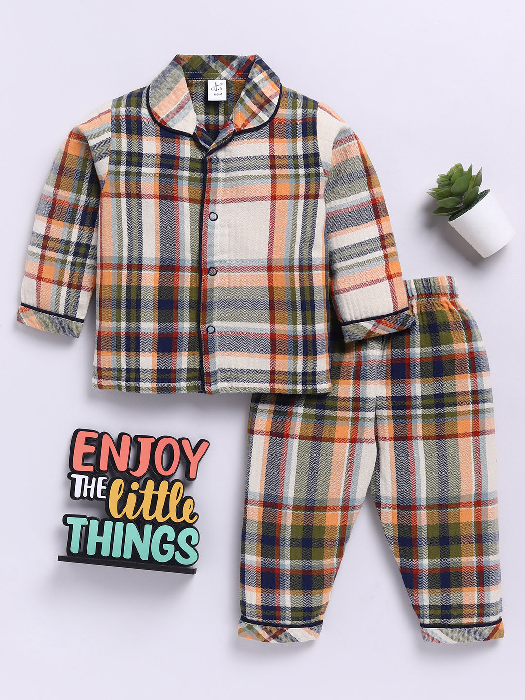 Multi Cotton Woven Checks Full Sleeve Night Suit