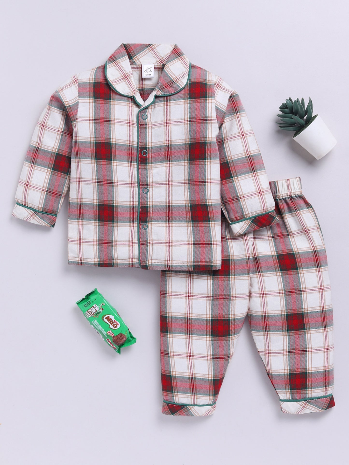 Red Cotton Woven Checked Full Sleeve Night Suit