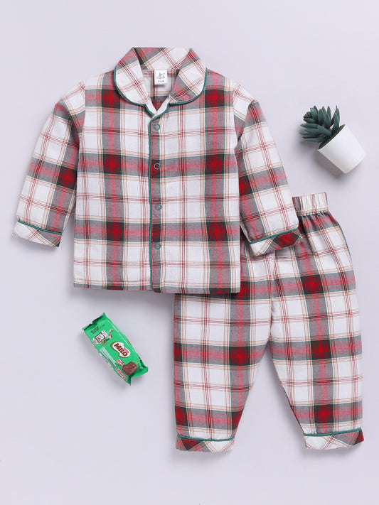 Red Cotton Woven Checked Full Sleeve Night Suit