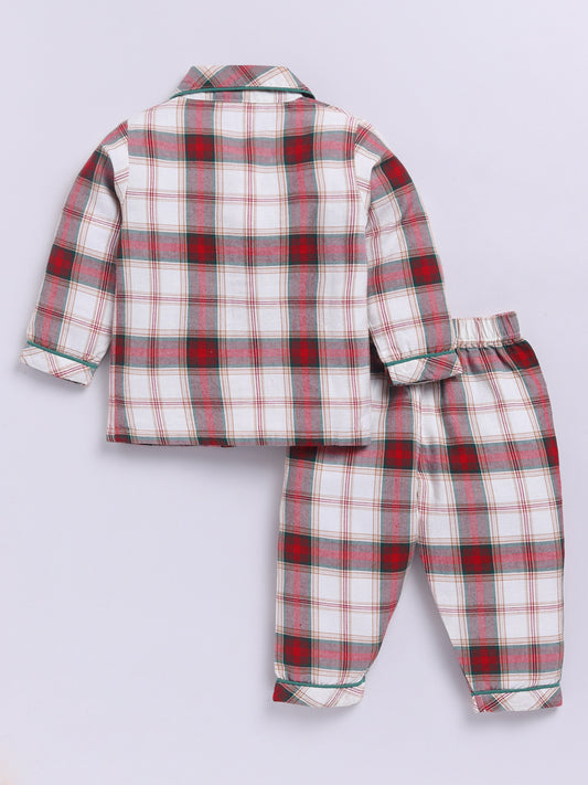 Red Cotton Woven Checked Full Sleeve Night Suit