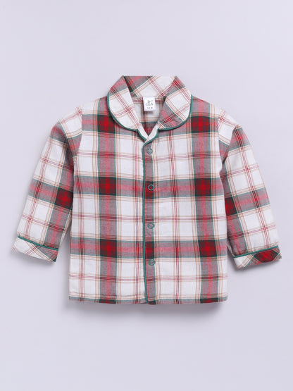 Red Cotton Woven Checked Full Sleeve Night Suit