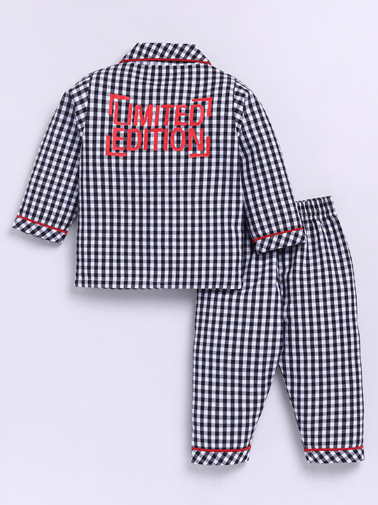 "Limited Edition" Black Cotton Woven Checked Full Sleeve Night Suit