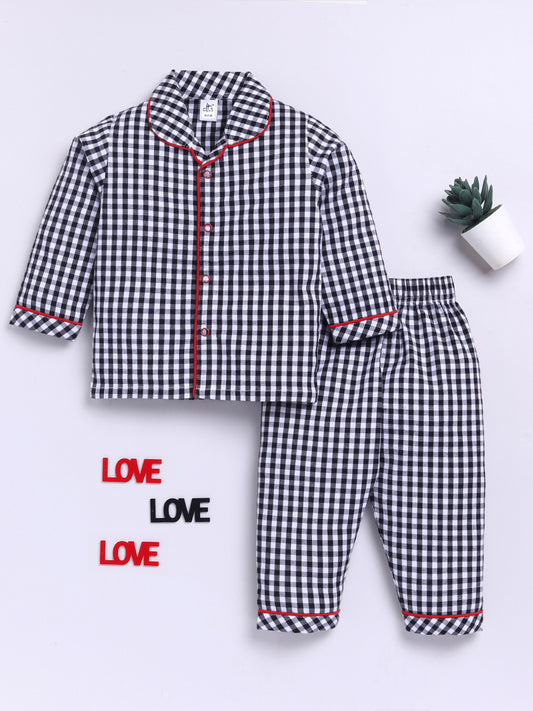 "Limited Edition" Black Cotton Woven Checked Full Sleeve Night Suit