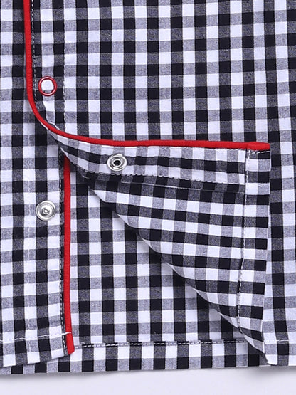 "Limited Edition" Black Cotton Woven Checked Full Sleeve Night Suit