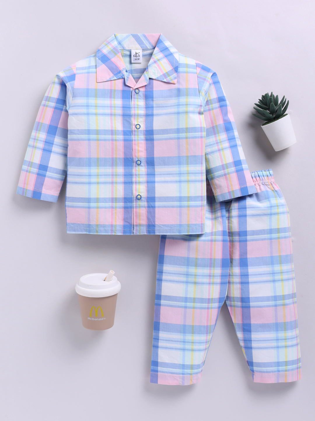 Multi Cotton Woven Checked Full Sleeve Night Suit