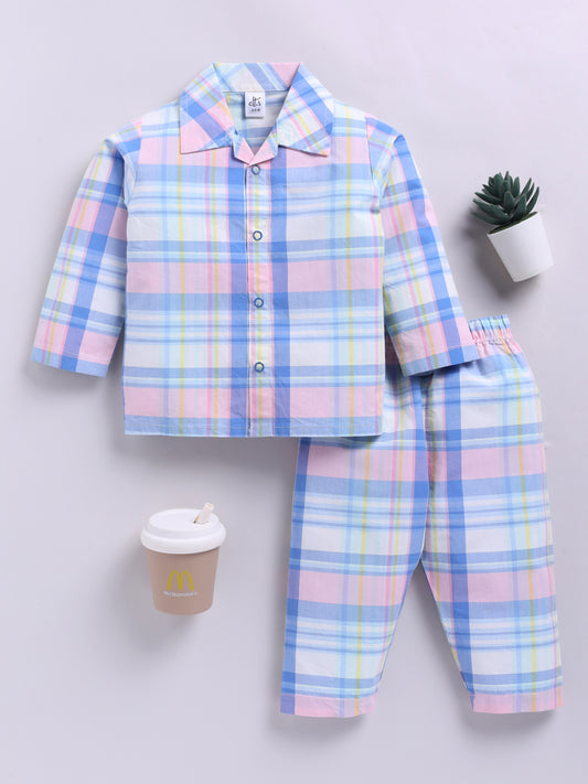 Multi Cotton Woven Checked Full Sleeve Night Suit