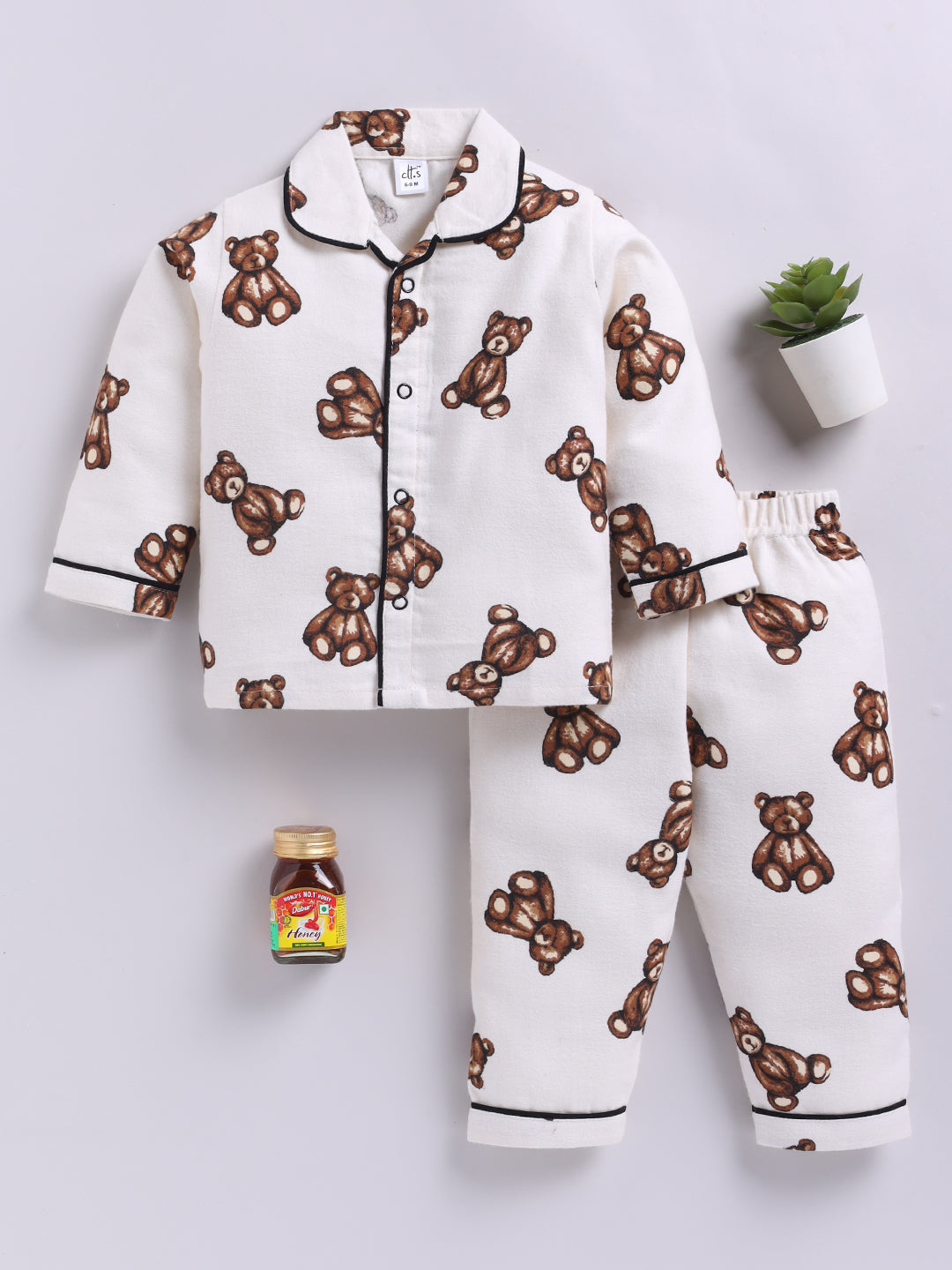 Teddy Bear Cream Cotton Woven Full Sleeve Night Suit