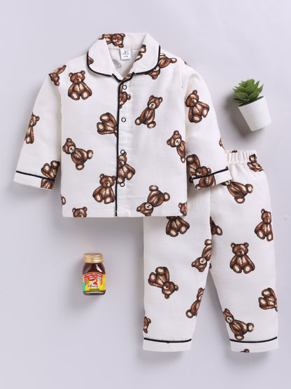 Teddy Bear Cream Cotton Woven Full Sleeve Night Suit
