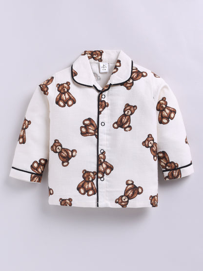 Teddy Bear Cream Cotton Woven Full Sleeve Night Suit