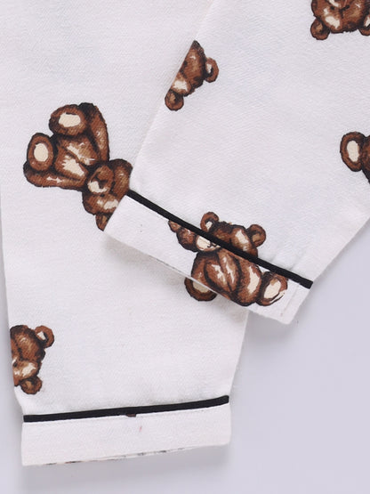Teddy Bear Cream Cotton Woven Full Sleeve Night Suit