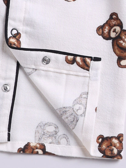 Teddy Bear Cream Cotton Woven Full Sleeve Night Suit