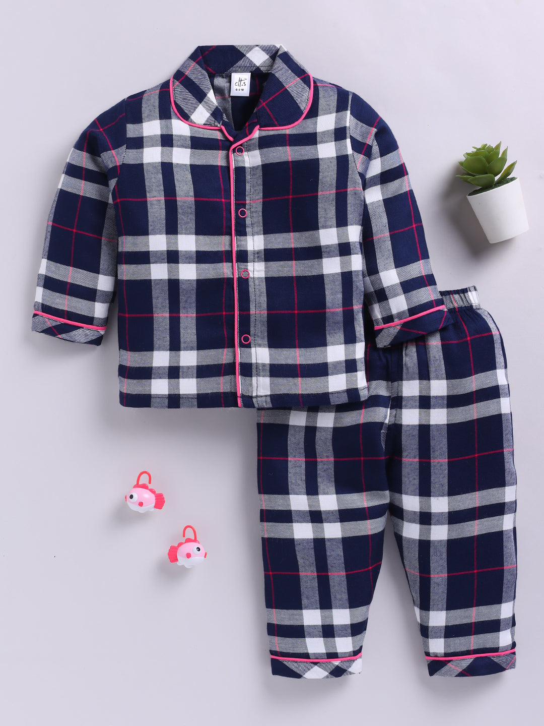 Blue Cotton Woven Checked Full Sleeve Night Suit