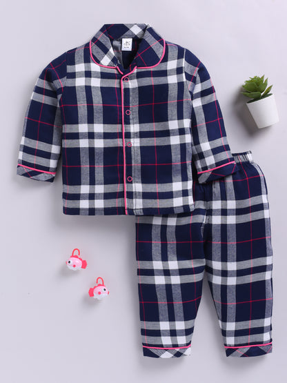 Blue Cotton Woven Checked Full Sleeve Night Suit