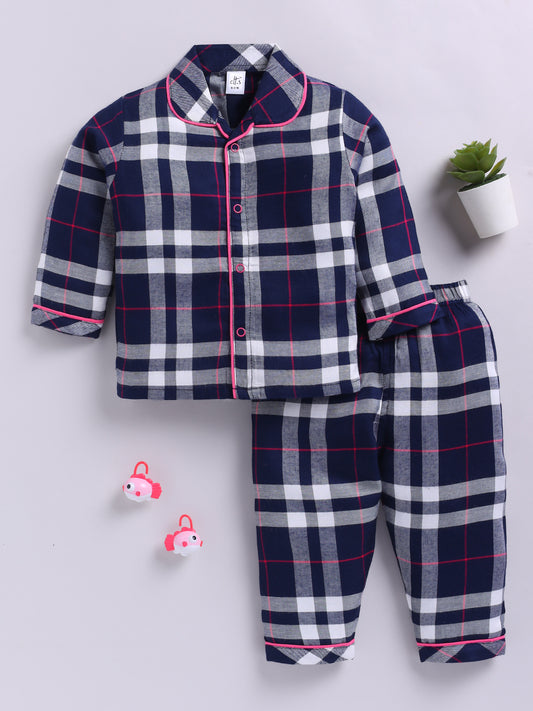 Blue Cotton Woven Checked Full Sleeve Night Suit