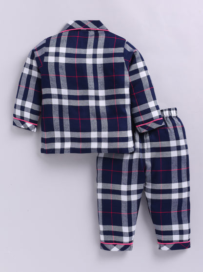 Blue Cotton Woven Checked Full Sleeve Night Suit
