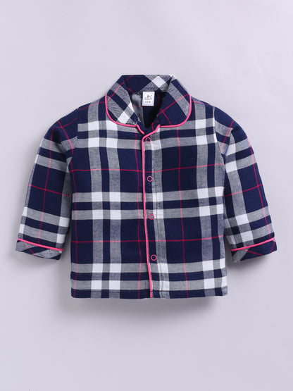 Blue Cotton Woven Checked Full Sleeve Night Suit