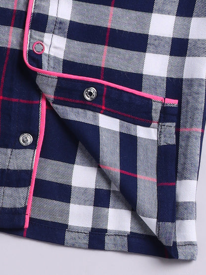 Blue Cotton Woven Checked Full Sleeve Night Suit